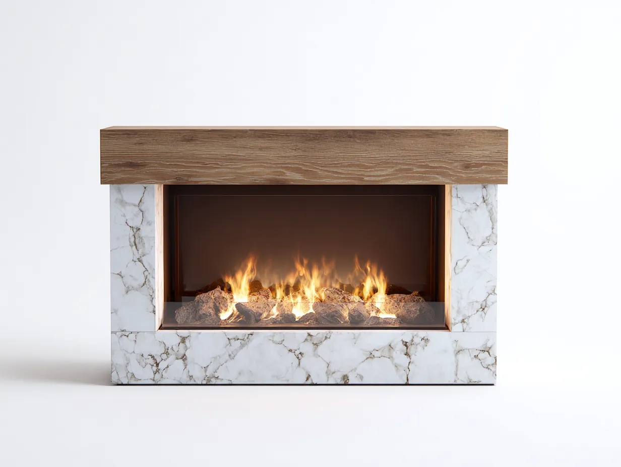 Chimenea eléctrica moderna con marco 115x32x90cm - madera y mármol - blanco y roble - estilo contemporáneo-Sereneota