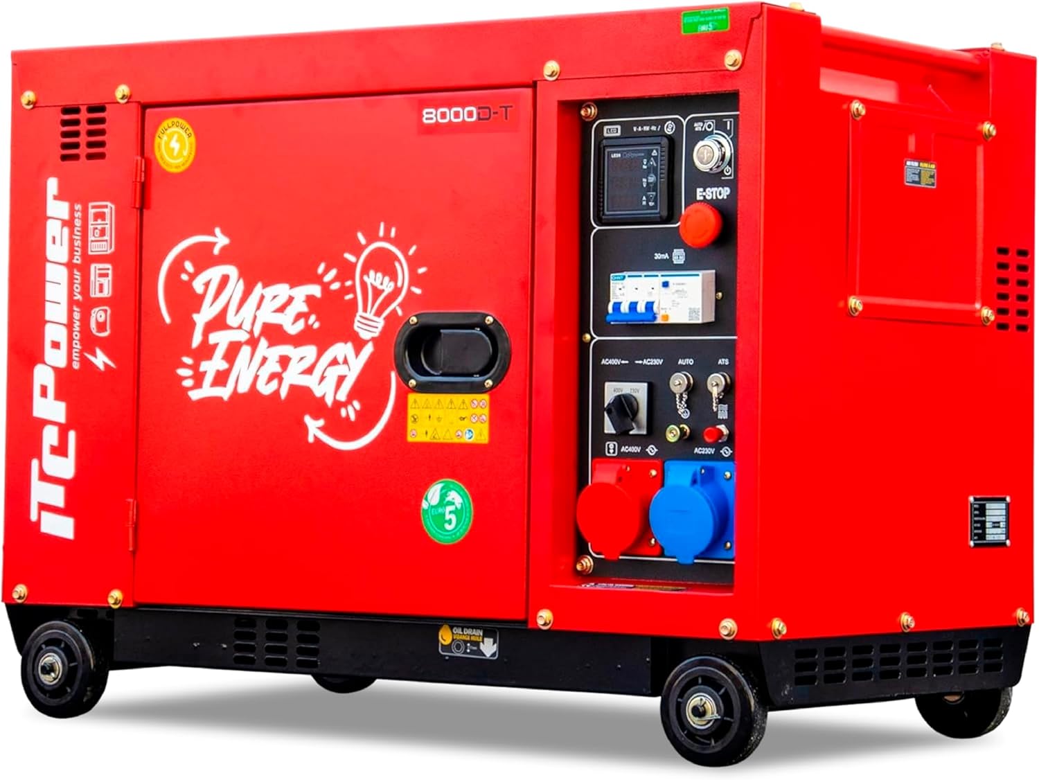 ITCPower Generador Diésel Full Power 7,9 kVA RED EDITION 400V y 230V - Generador Eléctrico con Arranque Eléctrico y ATS para Casa y Energía Solar - Silencioso con Autonomía 10h y Bajo Consumo-Sereneota
