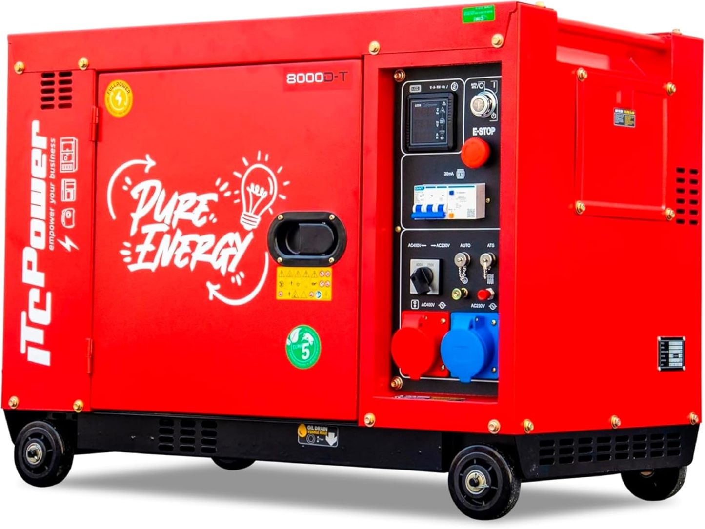 ITCPower Generador Diésel Full Power 7,9 kVA RED EDITION 400V y 230V - Generador Eléctrico con Arranque Eléctrico y ATS para Casa y Energía Solar - Silencioso con Autonomía 10h y Bajo Consumo-Sereneota