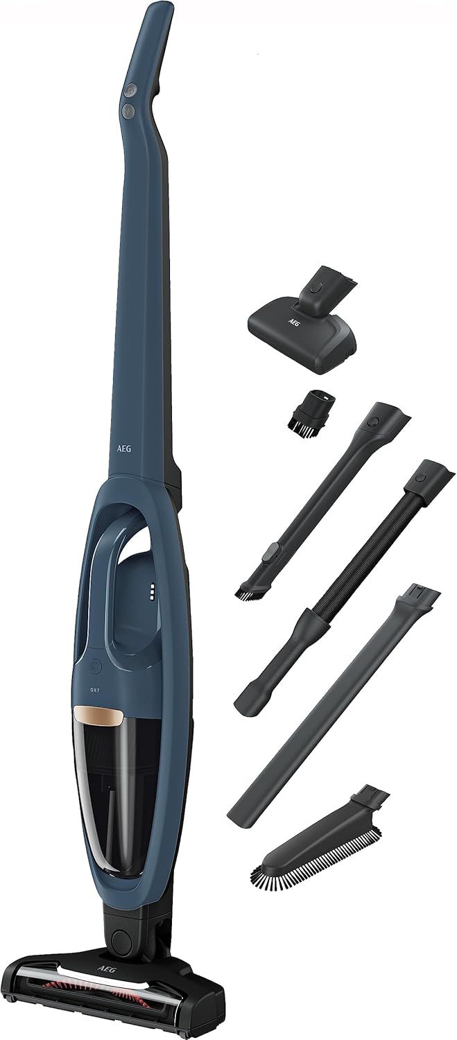 AEG QX7-1-I360 Aspiradora Sin Cable, 21,6 V, Autonomía de 50 min, 2 Velocidades, Tecnología Cyclonic, Filtración de 5 Pasos, Depósito de 0,3 L, Aspiradora Escoba y de Mano, Azul-Sereneota