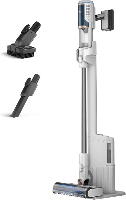 Shark Clean Empty Aspiradora sin cable, 40 min de autonomía, sistema de vaciado automático, ligera, Anti Hair Wrap, minicepillo pelo de mascotas y boquilla estrecha, luces LED, blancoazul, BU3521EU-Sereneota