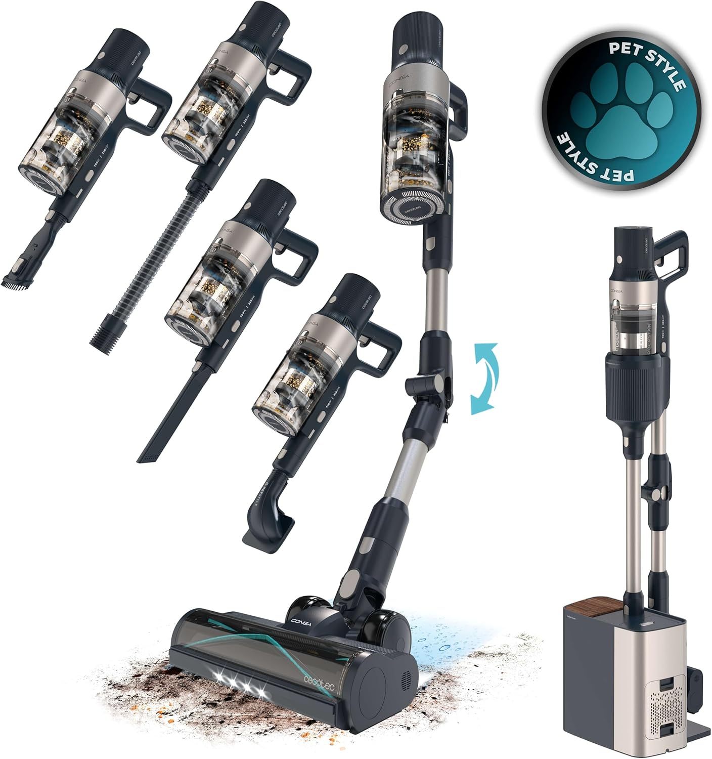 Cecotec Aspiradora Escoba Sin Cable Conga Rockstar 5500 Hurricane Station Pet Flex, Max 220AW 700W, Base Autovaciado, Hasta 90min Autonomía, Cepillo antienredo, Tubo flex, Ciclón paralelo, Acc mascota-Sereneota