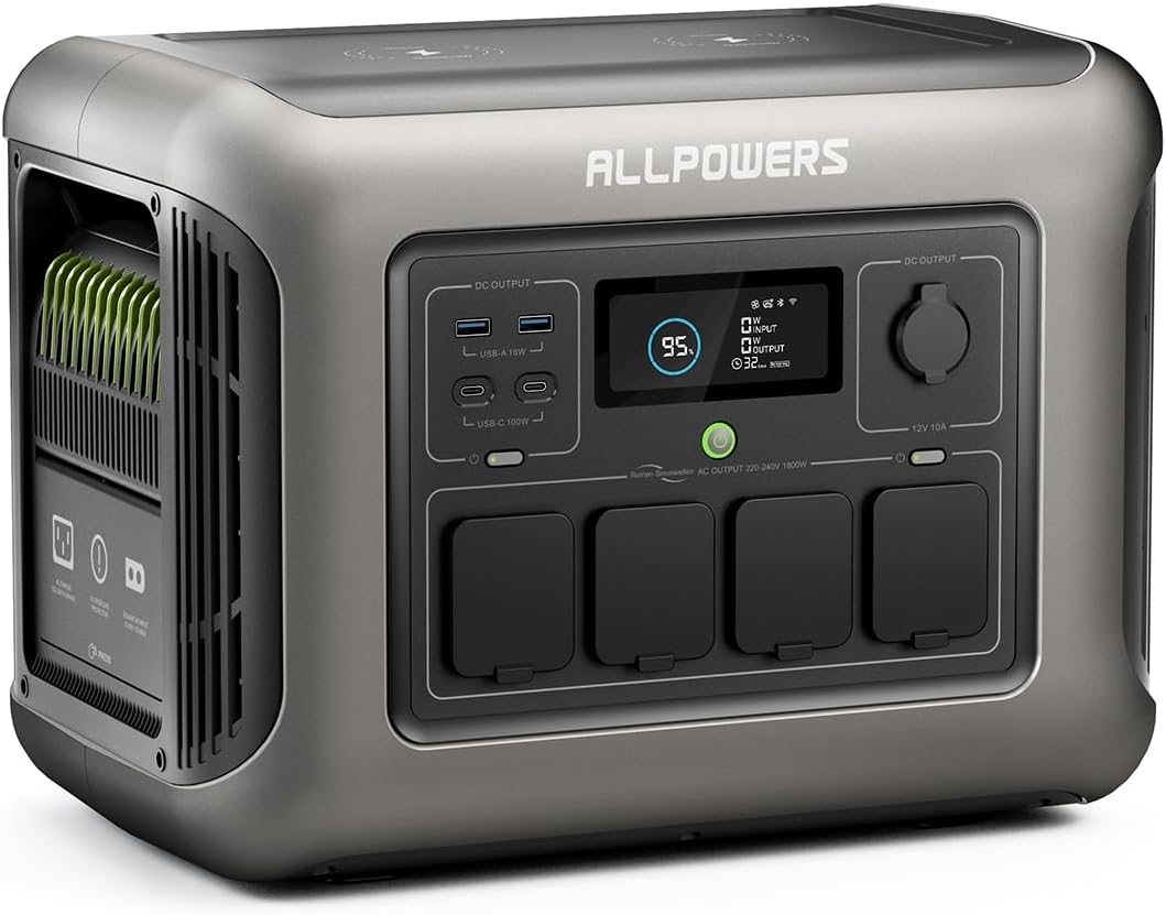 ALLPOWERS R1500 Estación de energía portátil 1152 Wh LiFePO4 batería 1800 W pico 3000 W generador solar CA salida Emergencia móvil para jardín, fiesta, viajes, camping, autocaravana-Sereneota