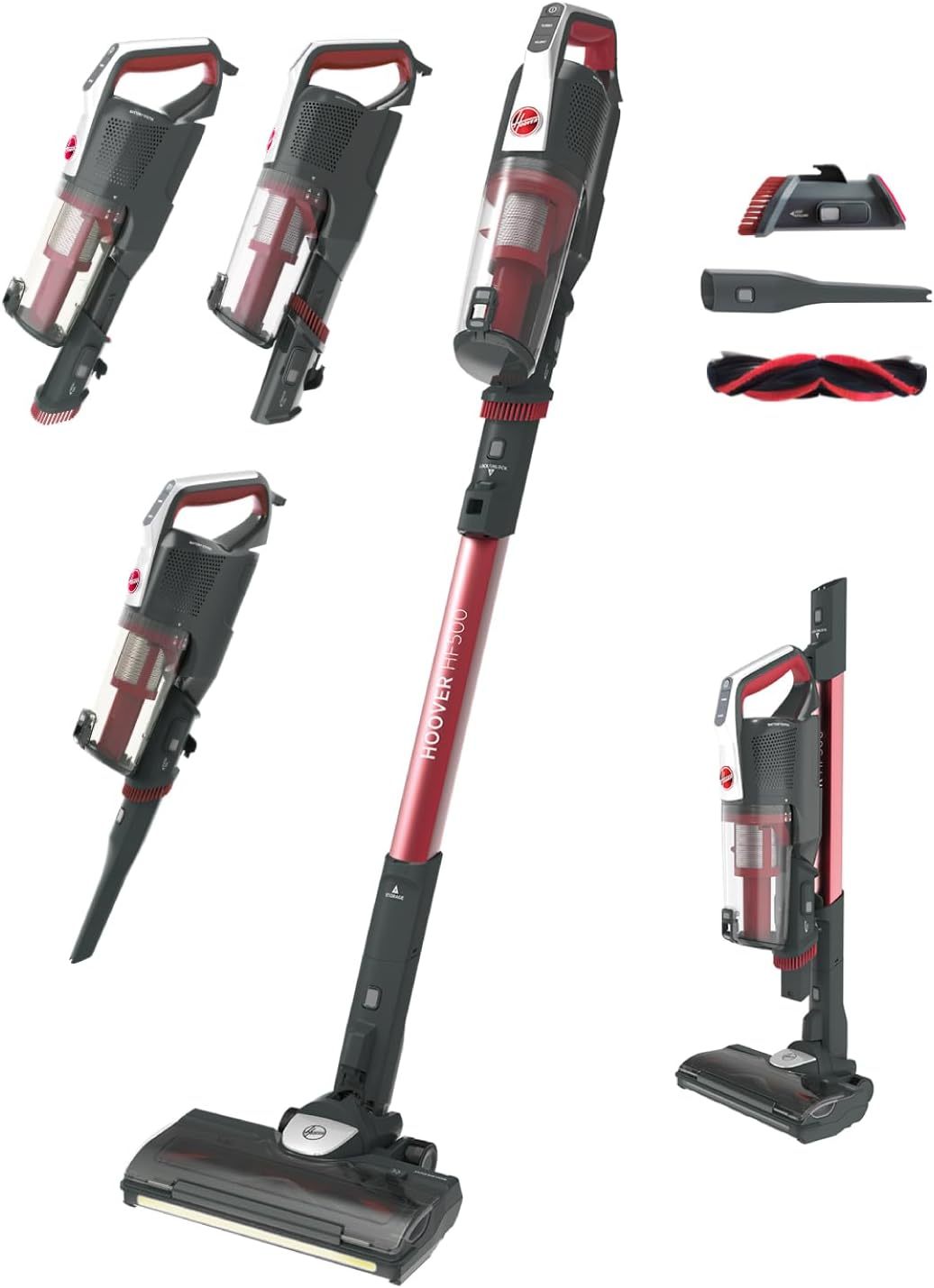 Hoover HF500 Plus Home HF522STH Aspiradora Escoba sin Cable, Accesorio 2 en 1, 45 min, Carga ultrarápida 2.5h, 15500 Pa, Dual led localizador de Polvo, Color Rojo-Sereneota