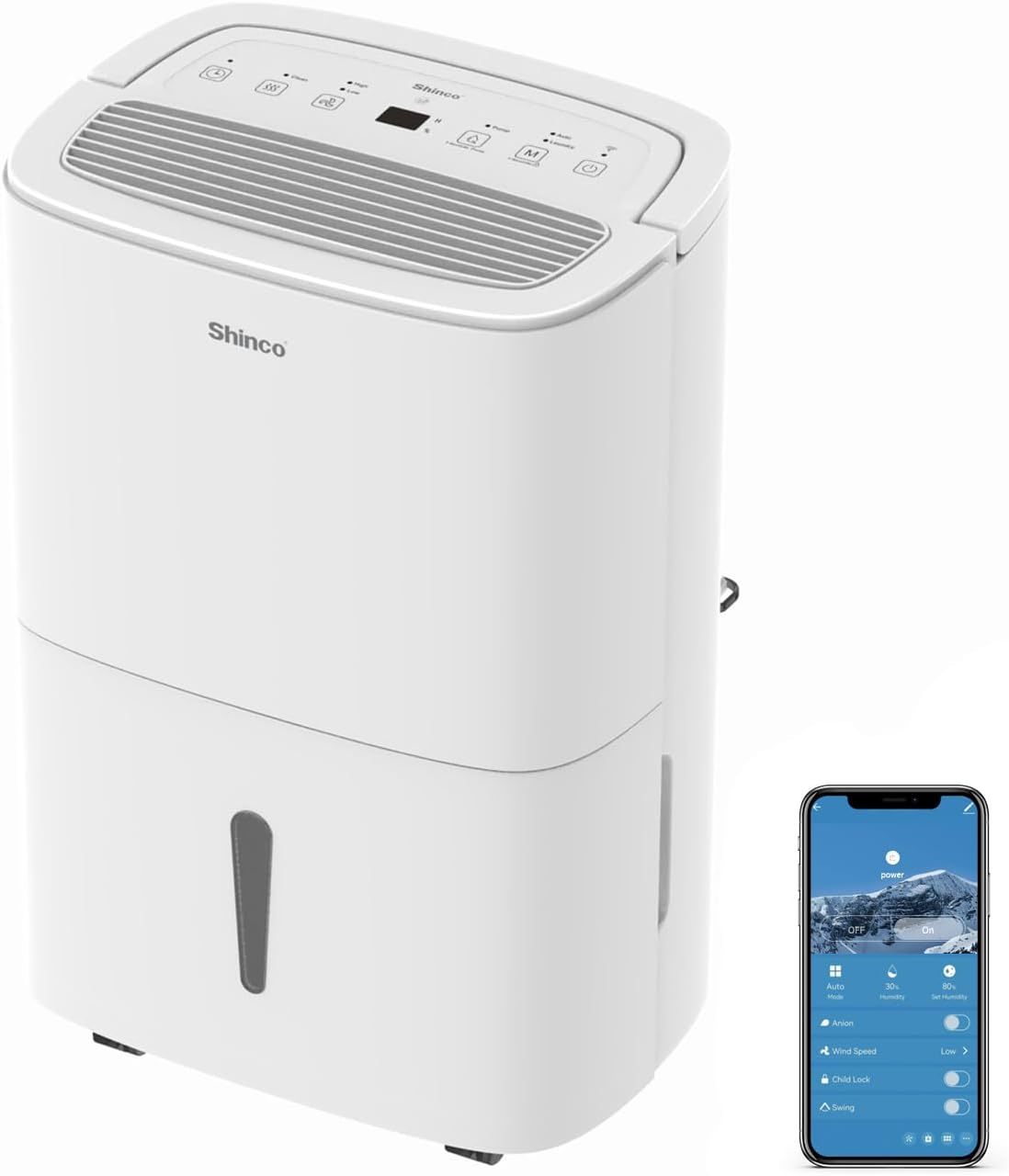 SHINCO WIFI Deshumidificador Portátil 50LDía con Bomba Elevadora, Purificador de Aire, Filtro de Carbón Activado, Temporizador de 24 Horas, Drenaje Continuo, Función de Secadora, Blanco-Sereneota