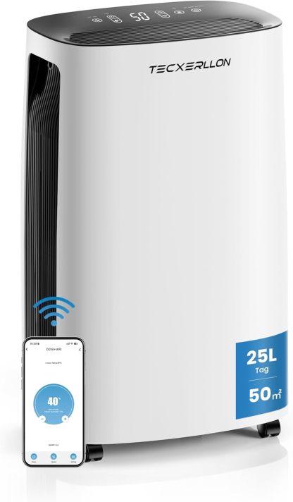 Deshumidificador Eléctrico 25L, 50m2150m3, con App y Panel Táctil, Depósito 3,7L, Drenaje por Manguera, Silencioso 47dB, Temporizador 24H, Seguro Infantil, 3 Años de Garantía-Sereneota