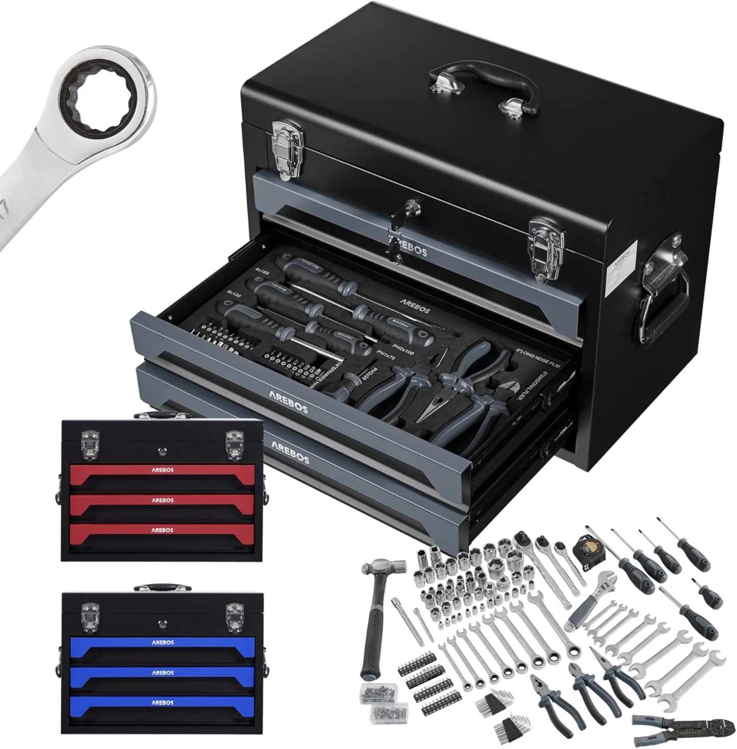 Arebos Caja de Herramientas Incl. Juego de Herramientas de 172 Piezas de Cromo vanadio - para el hogar, Garaje y Taller - Caja de Herramientas Equipada con 3 cajones - con Cerradura-Sereneota