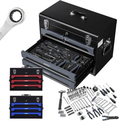 Arebos Caja de Herramientas Incl. Juego de Herramientas de 172 Piezas de Cromo vanadio - para el hogar, Garaje y Taller - Caja de Herramientas Equipada con 3 cajones - con Cerradura-Sereneota