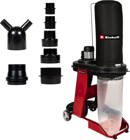 Einhell Aspirador 550 W, Enchufe Automático 2500 W, Manguera de aspiración de 250 cm y diámetro 100 mm, 2 adaptadores de aspiración 36 mm, Liberación Rápida para Bolsa de 65 L, Color RojoNegro-Sereneota