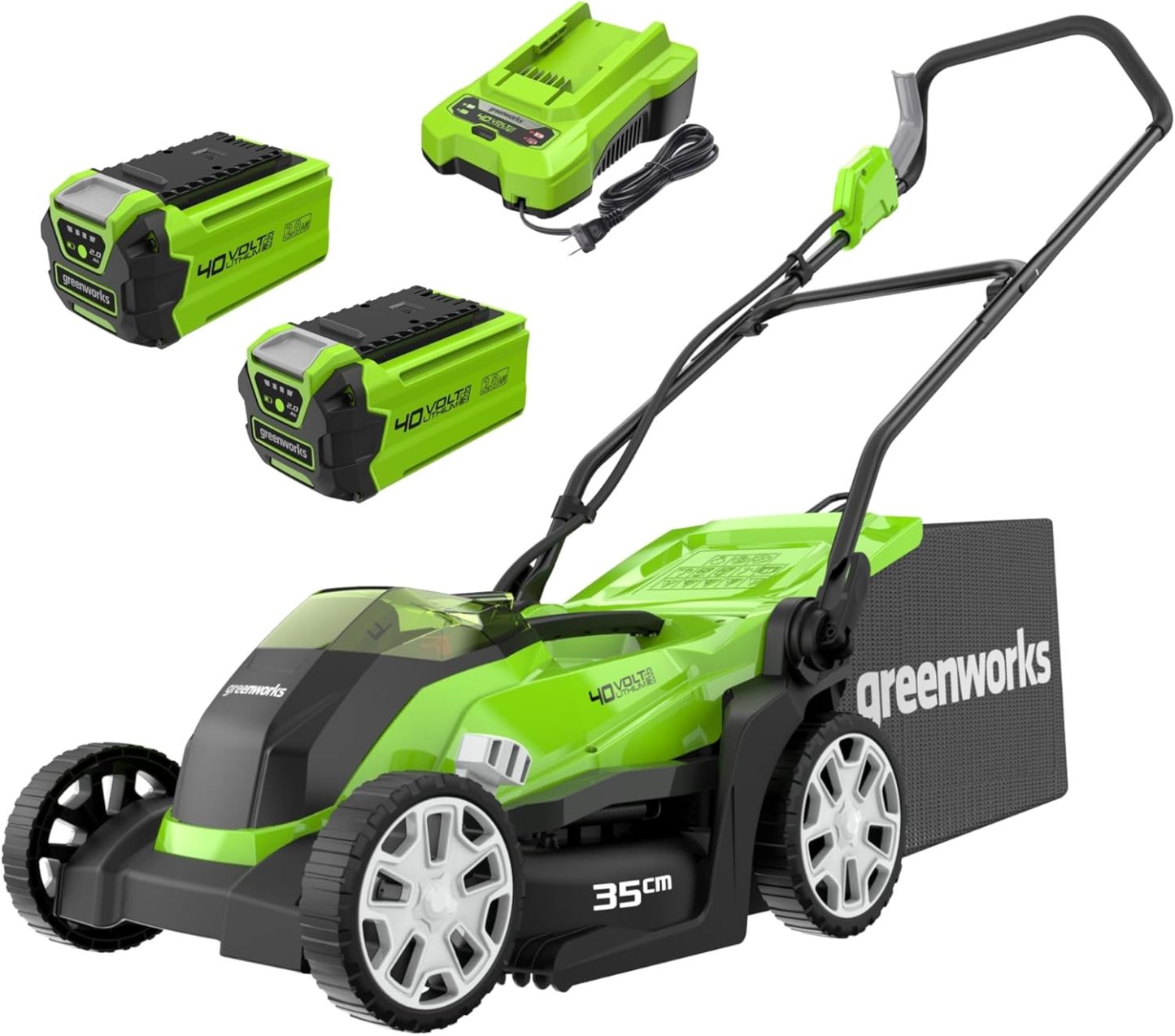 Greenworks G40LM35K2X Cortacésped de Batería para Céspedes de Hasta 400 m2, Ancho de Corte 35 cm, Bolsa de 40L MÁS Dos Baterías de 40V 2Ah y Un Cargador, Garantía de 3 Años-Sereneota