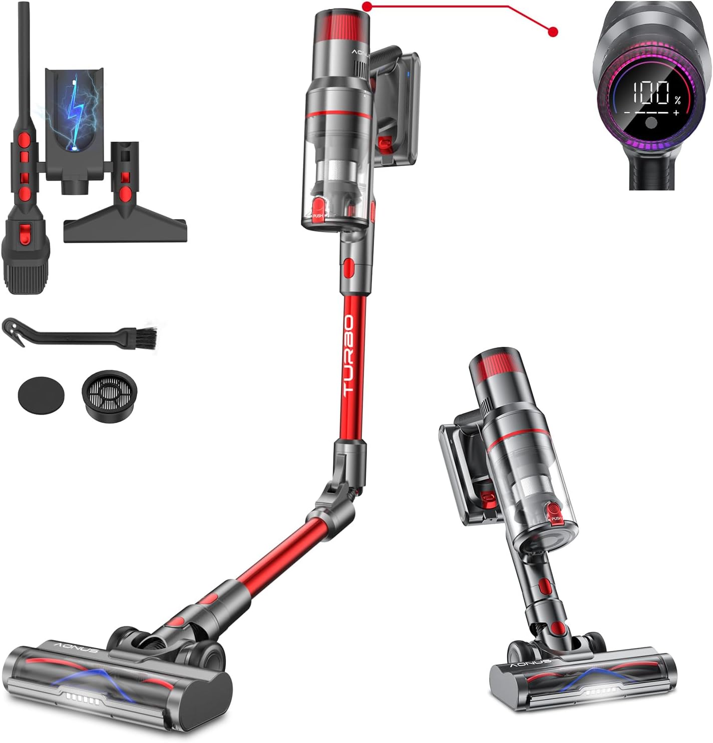 aonus A9 Pro Aspiradora sin Cable 33Kpa 500W, Plegable Aspirador Escoba sin Cable Potente, Autonomía 60 Min con Detección Polvo, Aspirador de Mano para Hogar Suelos Alfombras Pelo de Mascotas-Sereneota