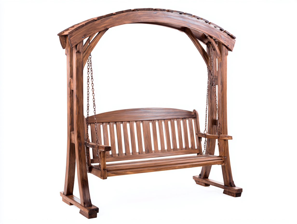 Banc columpio de jardín de madera 195x120x170cm - madera maciza - marrón - para jardín - diseño rústico con estructura arqueada-Sereneota
