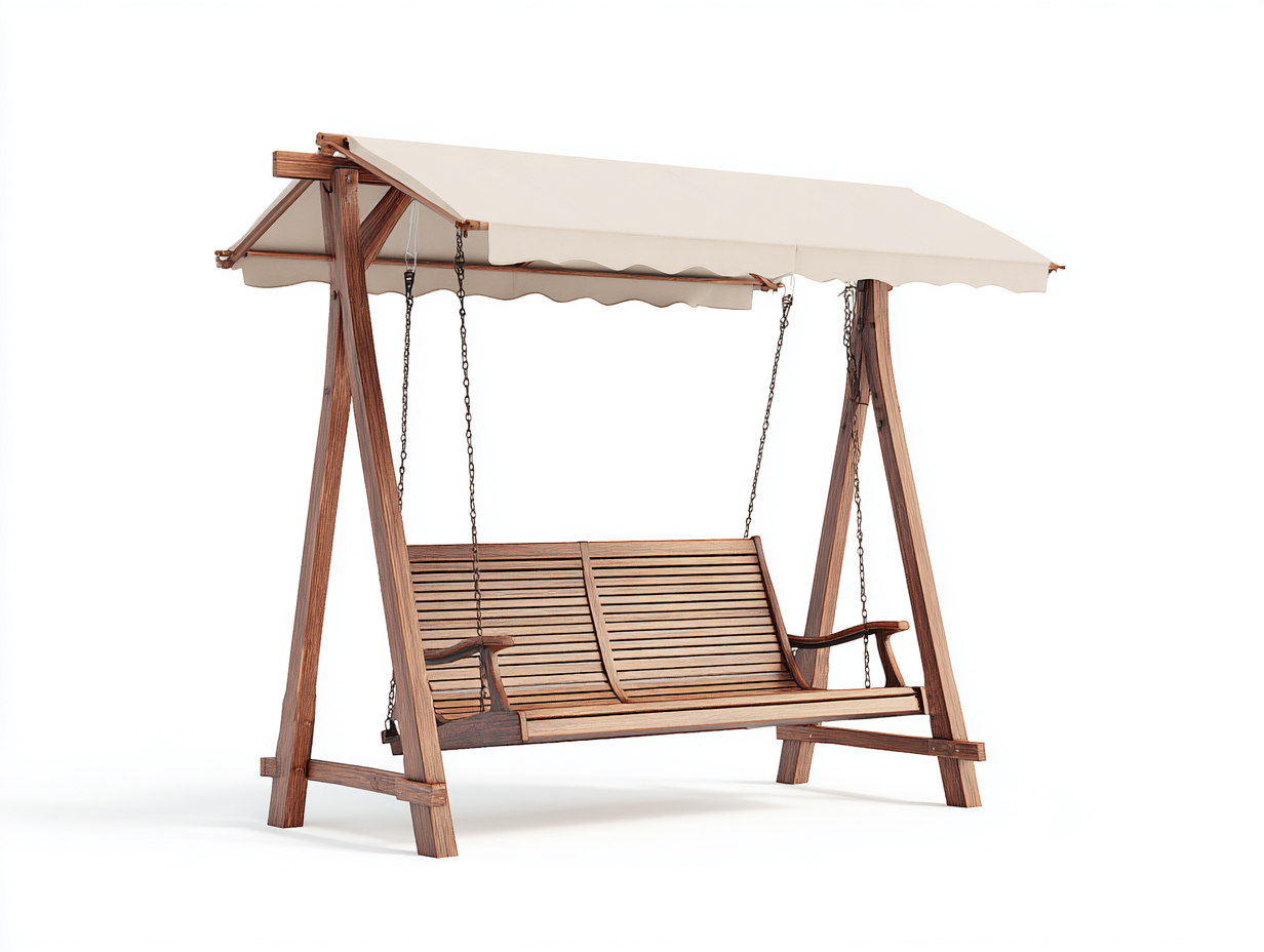 Banc columpio de jardín de madera con toldo 200x130x180cm - madera maciza y tejido - marrón/beige - para jardín - diseño clásico con asiento suspendido-Sereneota