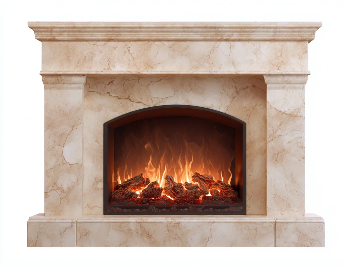 Chimenea eléctrica con marco clásico 120x35x110cm - piedra y vidrio - beige - estilo tradicional