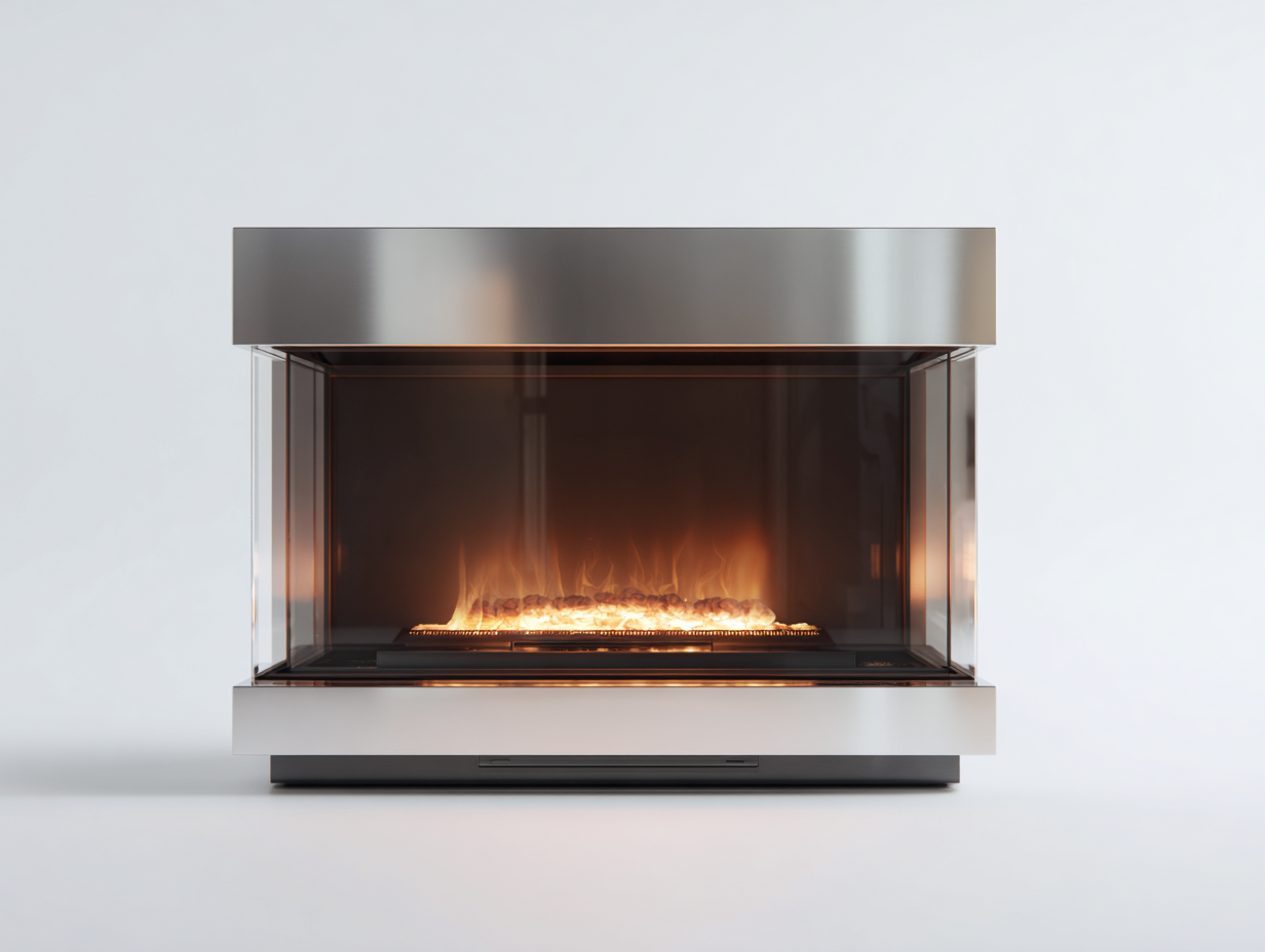 Chimenea eléctrica moderna 110x30x42cm - acero y vidrio - plata/transparente - diseño minimalista