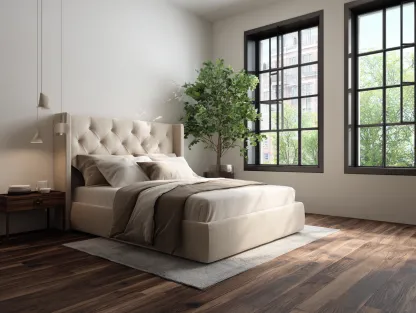 Cama doble tapizada 200x160x110cm - tejido - beige - para dormitorio - diseño moderno con cabecero acolchado