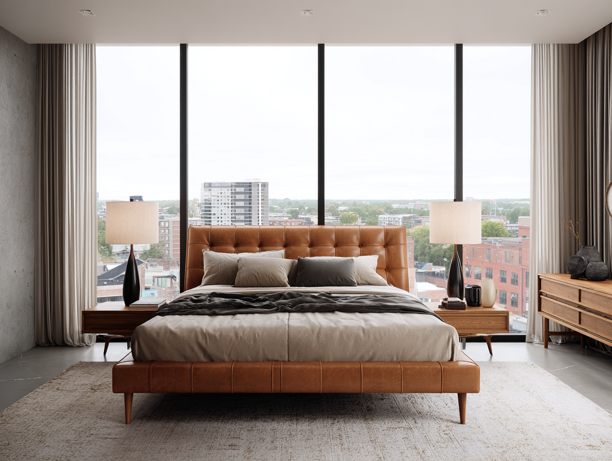 Cama doble tapizada en piel 200x160x110cm - marrón - dormitorio - estilo moderno con cabecero acolchado