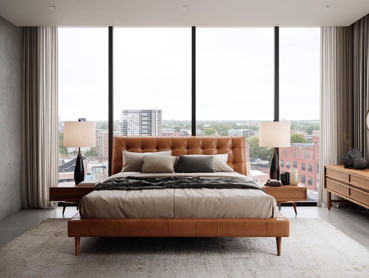 Cama doble tapizada en piel 200x160x110cm - marrón - dormitorio - estilo moderno con cabecero acolchado