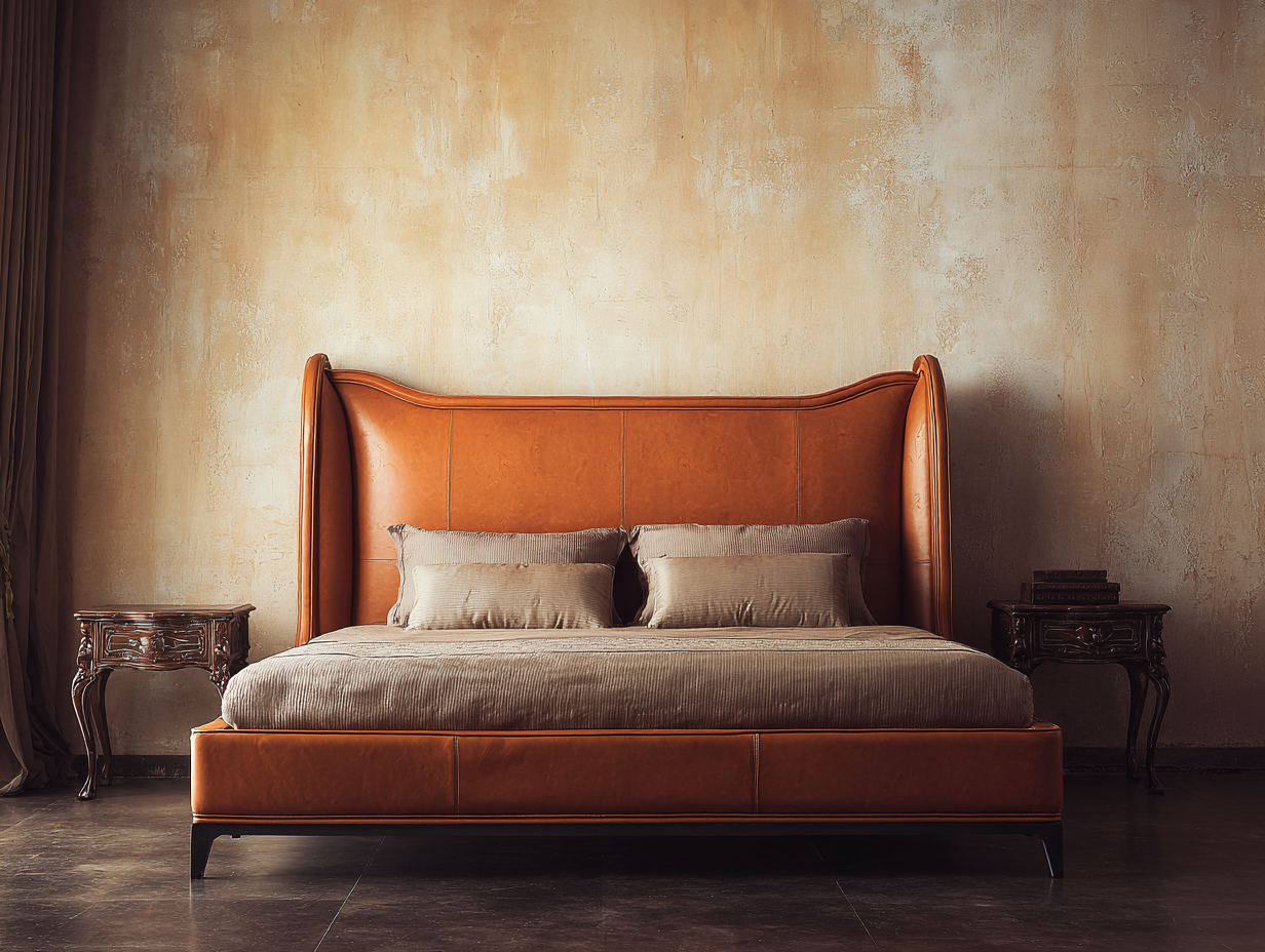 Cama doble tapizada cuero auténtico 200x160x115 cm - marrón cognac - para dormitorio - diseño clásico