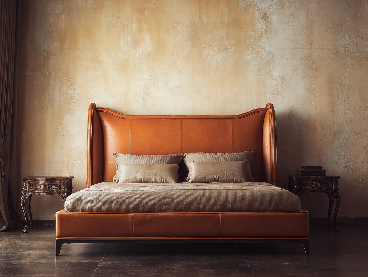 Cama doble tapizada cuero auténtico 200x160x115 cm - marrón cognac - para dormitorio - diseño clásico