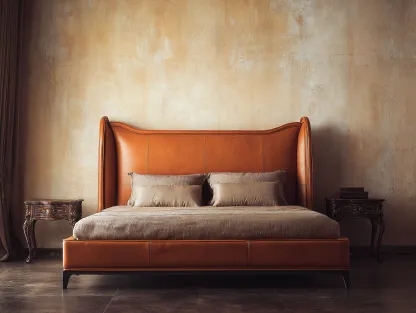 Cama doble tapizada cuero auténtico 200x160x115 cm - marrón cognac - para dormitorio - diseño clásico