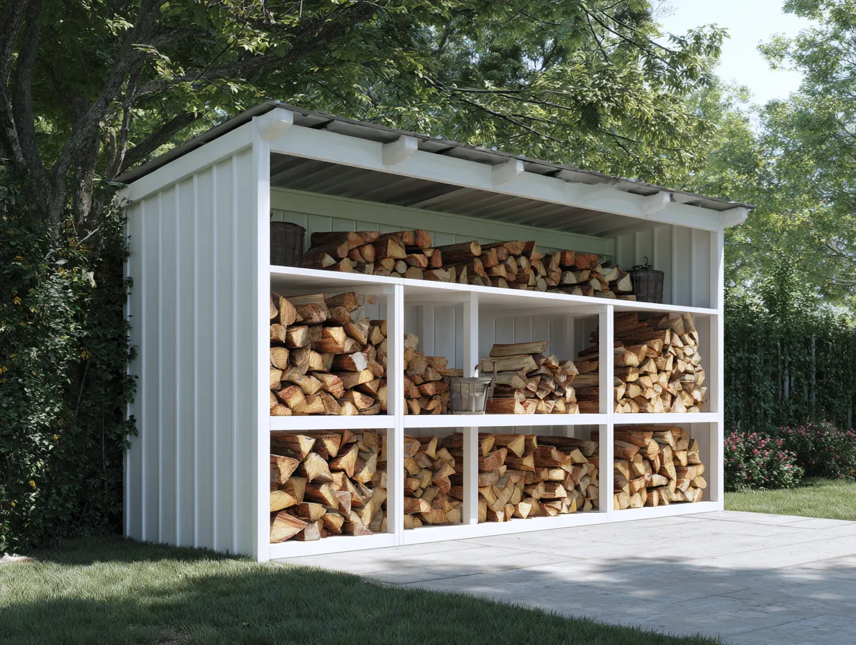 Leñera de madera para exterior - 300x100x190 cm - blanco - para jardín - con estructura abierta y techo inclinado