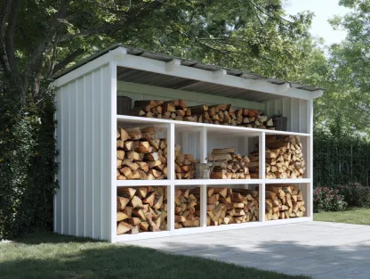 Leñera de madera para exterior - 300x100x190 cm - blanco - para jardín - con estructura abierta y techo inclinado