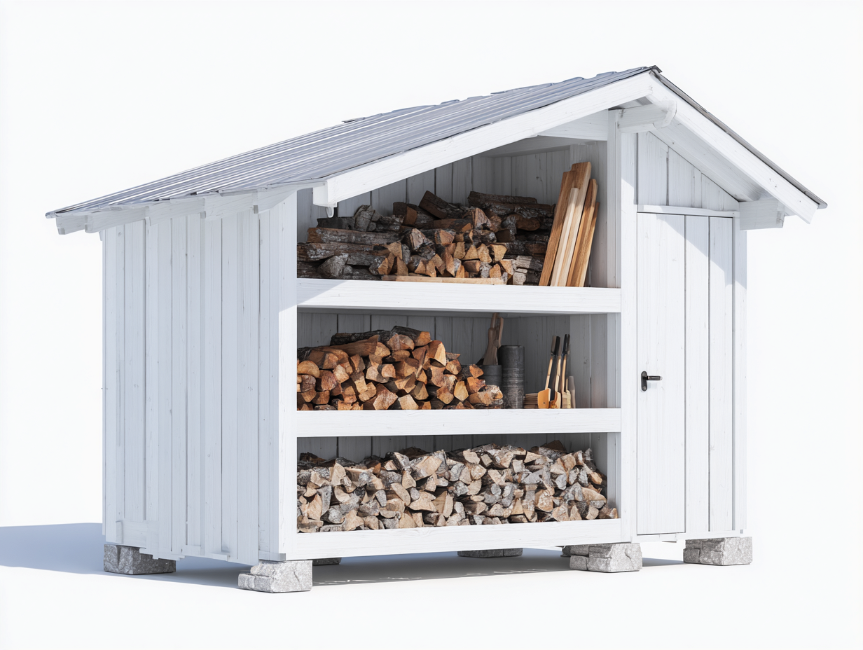 Leñero exterior de madera - 150x65x180 cm - blanco - con puerta y estantes