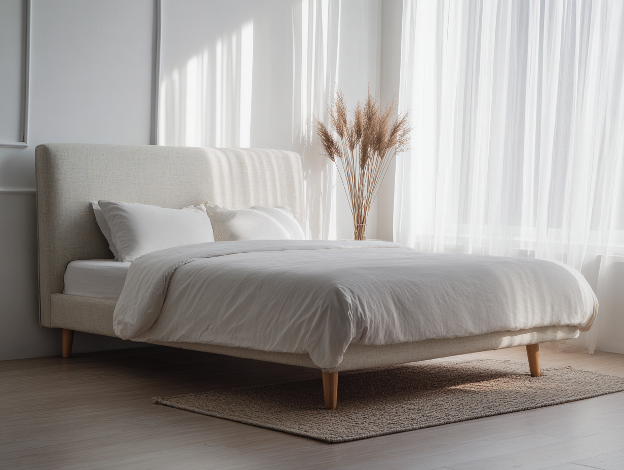 Cama doble tapizada en tela 160x200 x105cm - beige - dormitorio - estilo moderno con cabecero acolchado