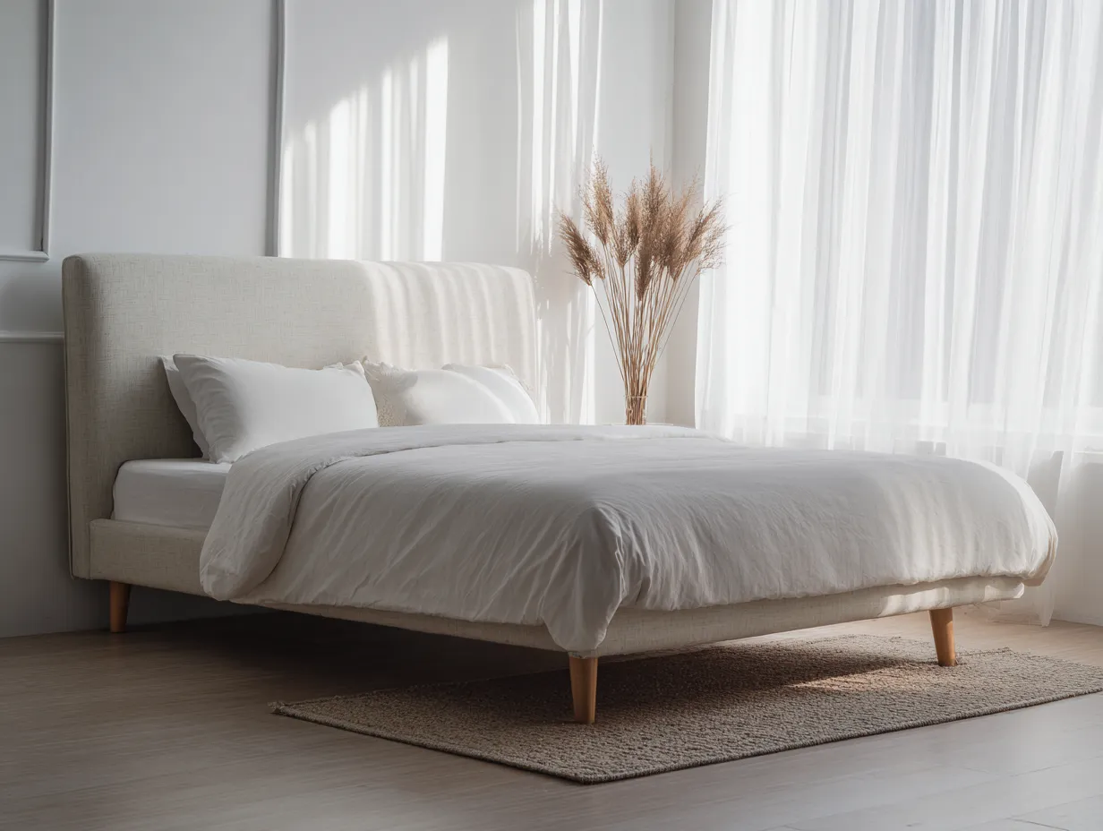 Cama doble tapizada en tela 160x200 x105cm - beige - dormitorio - estilo moderno con cabecero acolchado