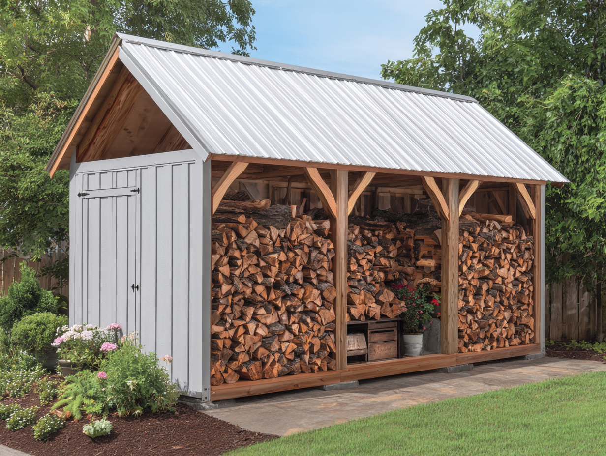 Leñera de madera para exterior 240 x 90 x 190 cm - blanco/madera natural - para jardín - con techo metálico