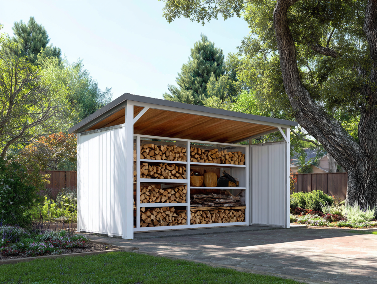 Leñera de madera para exterior - 260x100x190 cm - blanco - para jardín - con estructura abierta y techo inclinado