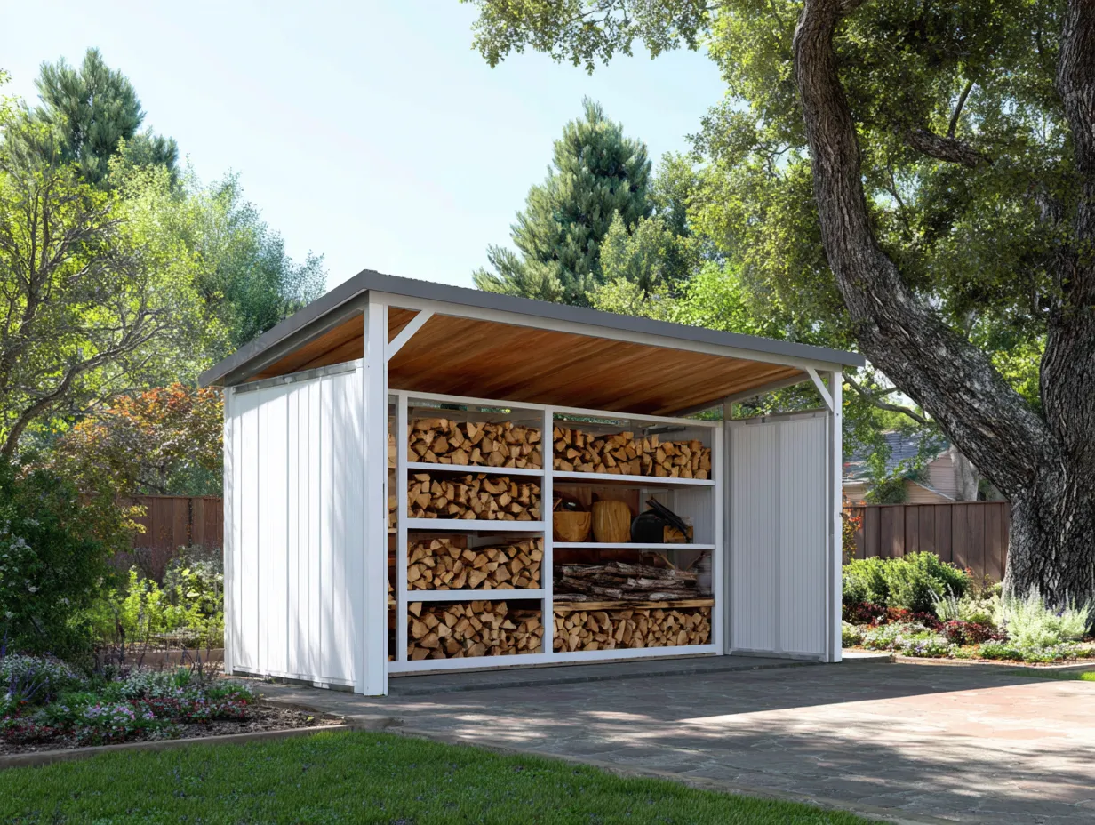Leñera de madera para exterior - 260x100x190 cm - blanco - para jardín - con estructura abierta y techo inclinado