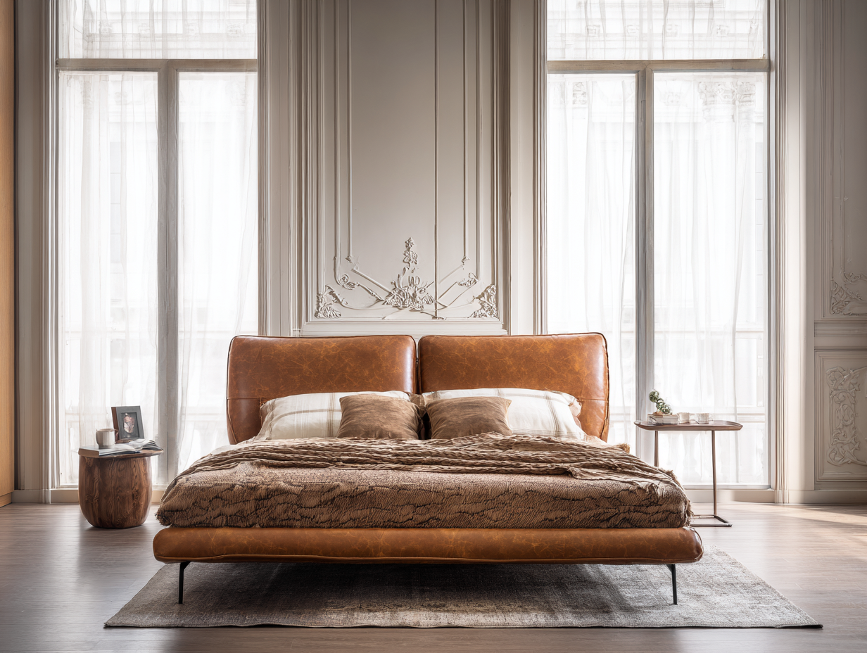 Cama doble tapizada cuero auténtico 200x160x105 cm - marrón - para dormitorio - diseño elegante