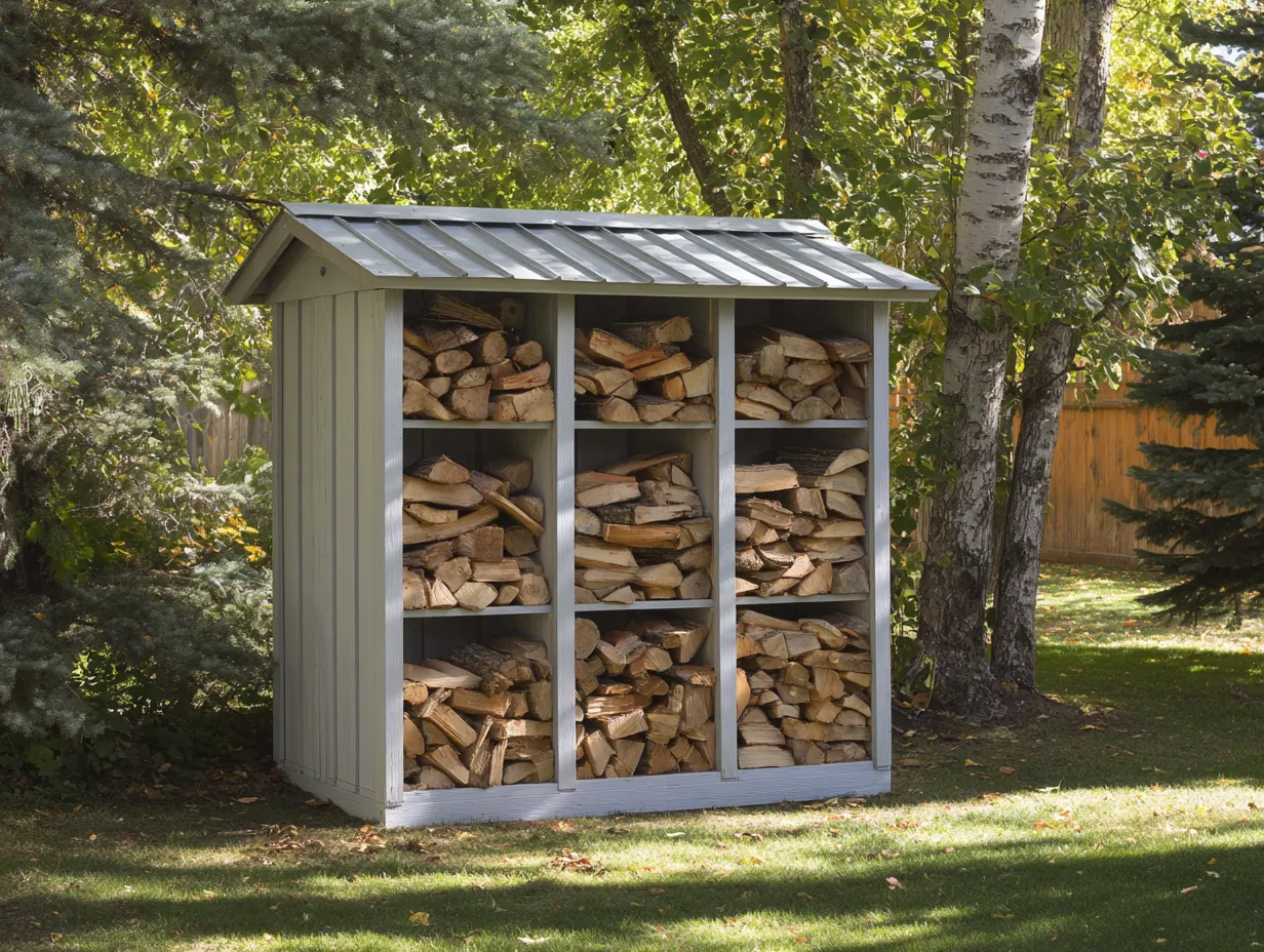 Leñero exterior de madera - 160x60x170cm - gris - con compartimentos