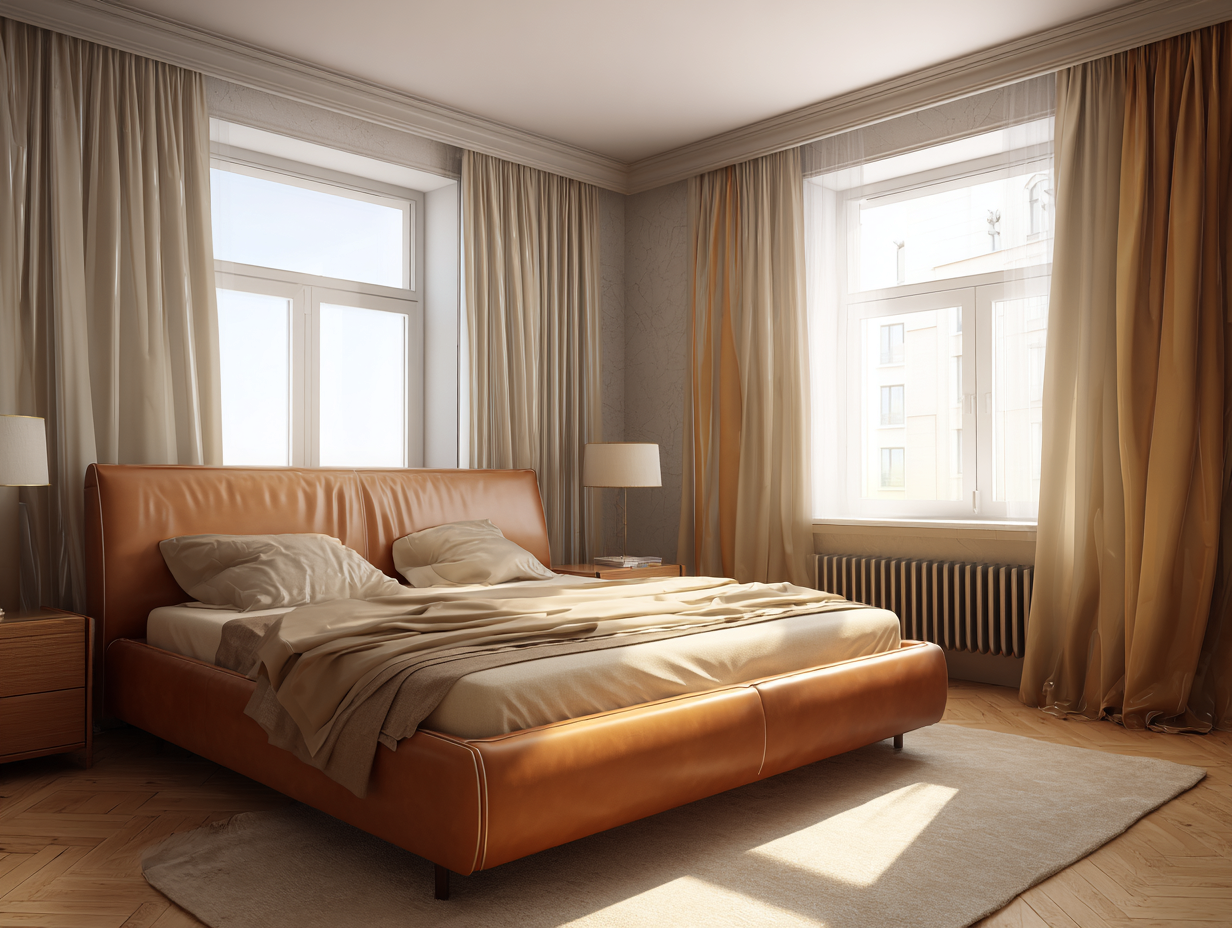 Cama doble tapizada cuero auténtico 200x160x110 cm - marrón claro - para dormitorio - diseño moderno