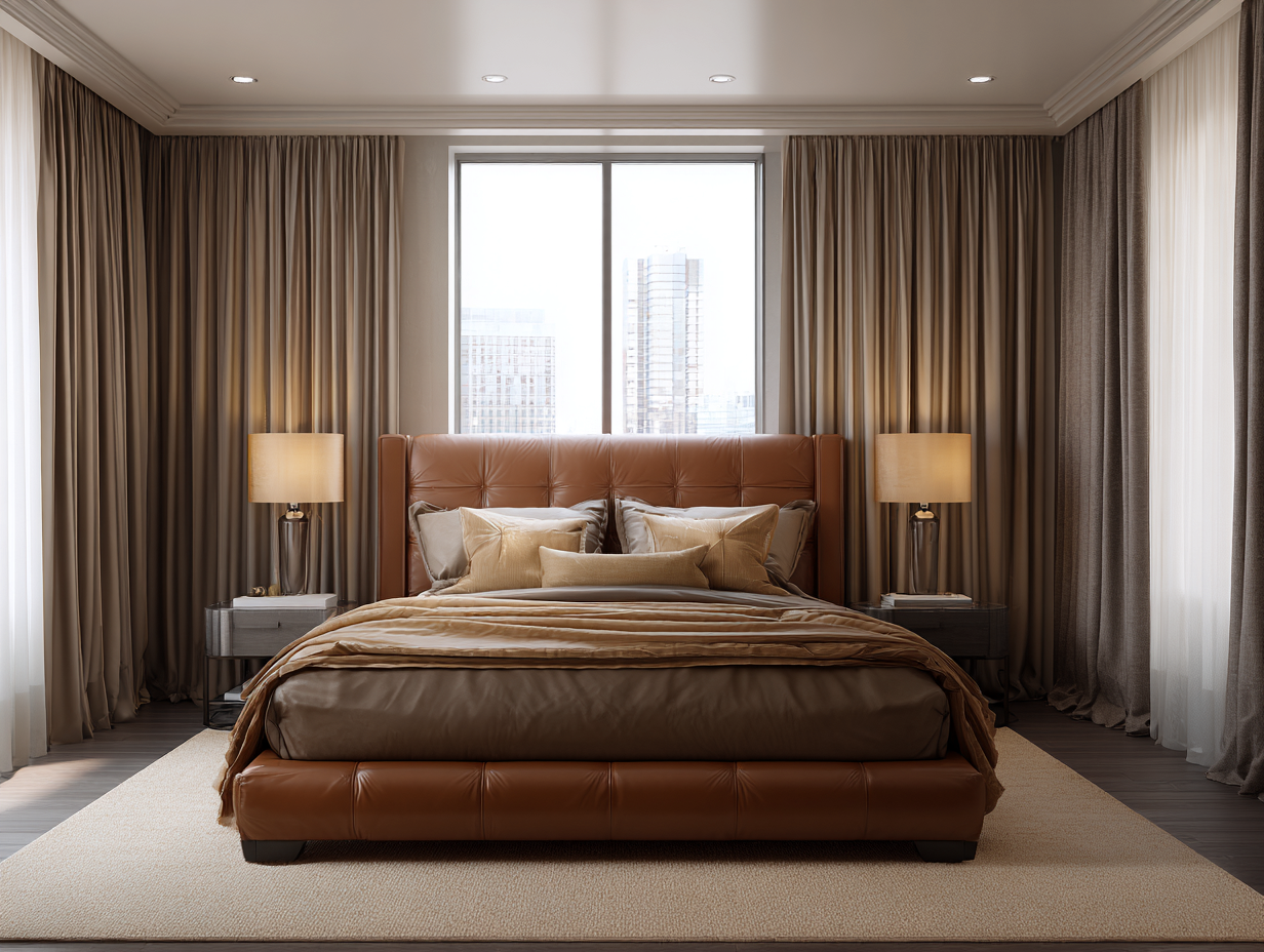 Cama doble tapizada cuero auténtico 200x160x120 cm - marrón medio - para dormitorio - diseño moderno