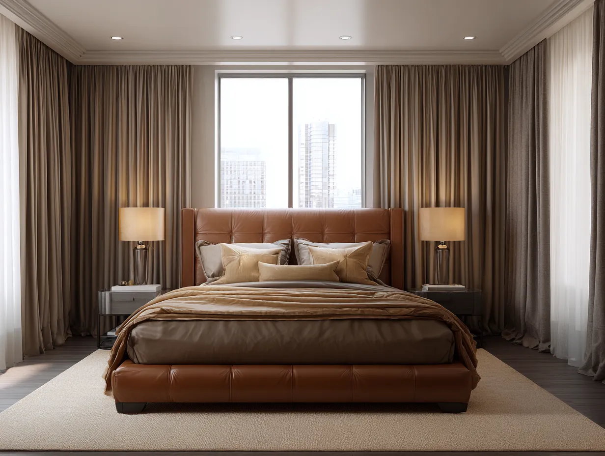 Cama doble tapizada cuero auténtico 200x160x120 cm - marrón medio - para dormitorio - diseño moderno