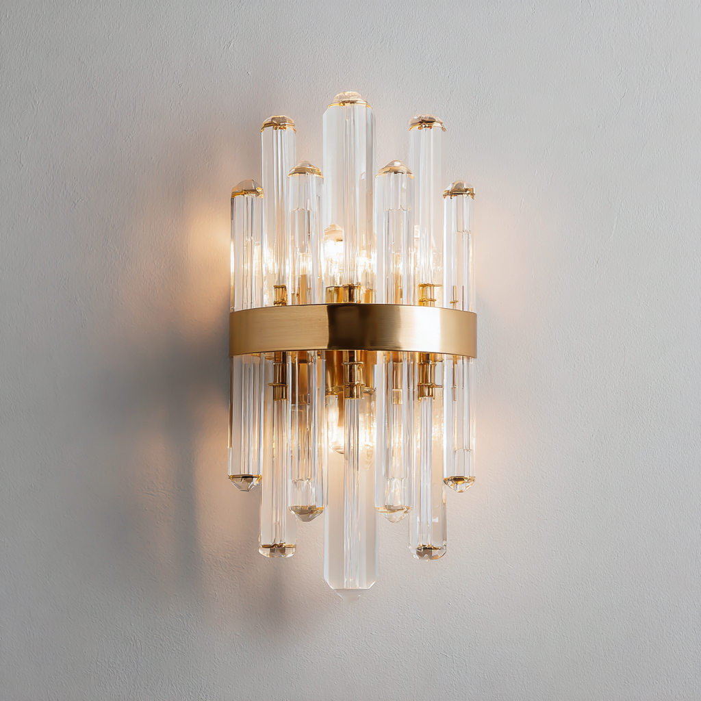 Applique in metallo - cristallo 28x16x40 cm - oro - trasparente - per illuminazione interna stile lusso-Comfyoliq