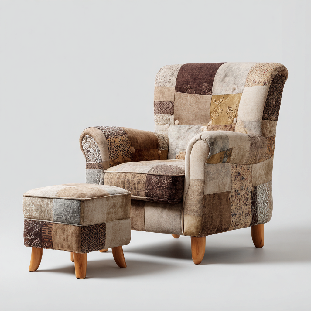 Poltrona in tessuto patchwork 85x80x95 cm - marrone - multicolore - stile vintage - adatta per soggiorno-Comfyoliq