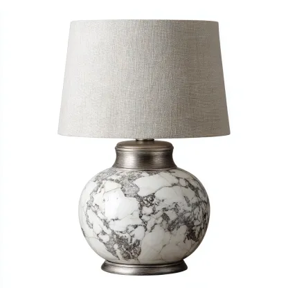 Lampada da tavolo in resina effetto marmo con paralume in tessuto 24x24x46 cm - bianco e argento - per soggiorno design moderno-Comfyoliq