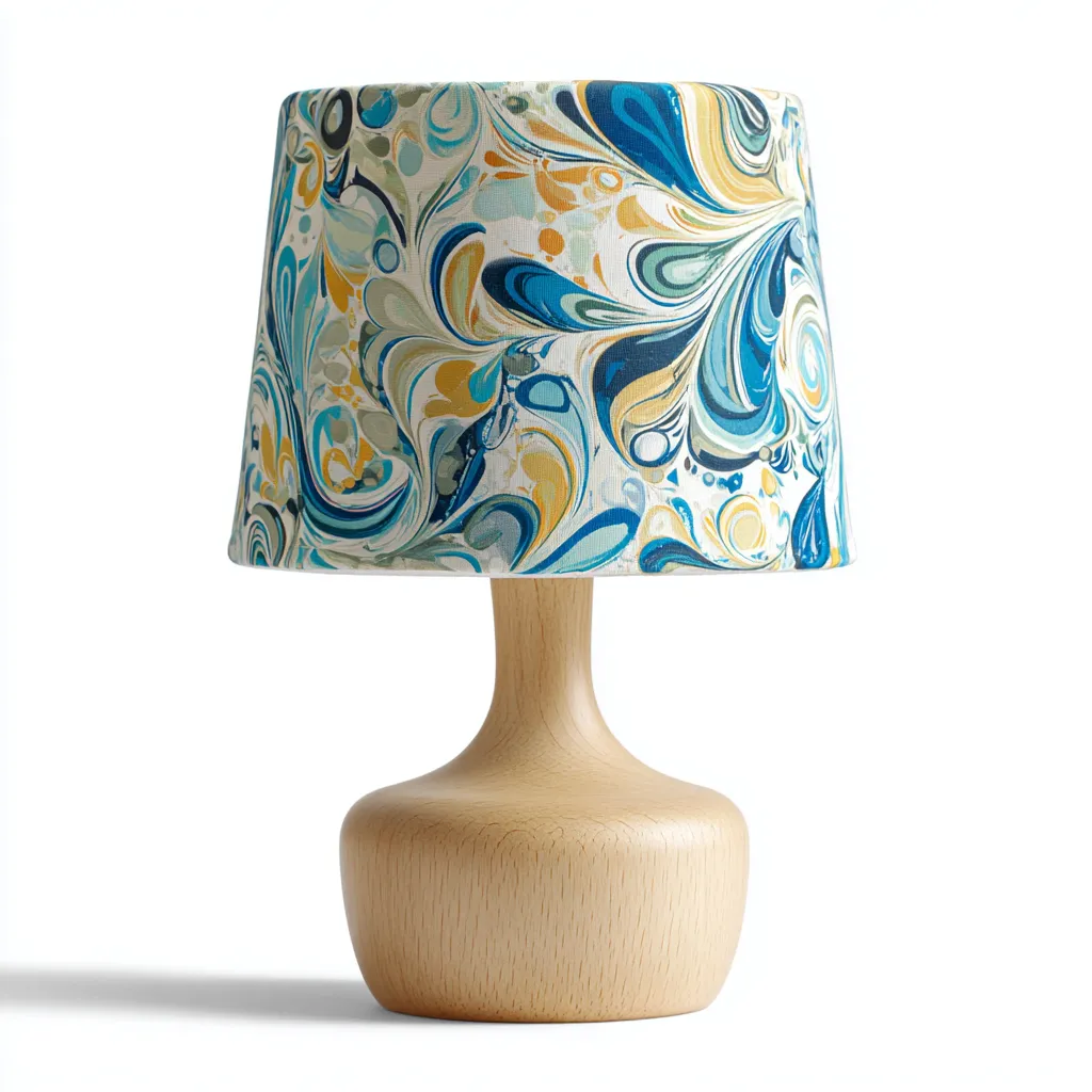 Lampada da tavolo in legno con paralume stampato in tessuto 18x18x32 cm - multicolore e legno naturale - per soggiorno design moderno-Comfyoliq