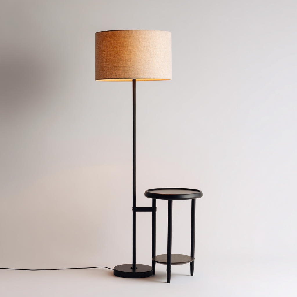 Lampada da terra metallo tessuto 40x40x160 cm - nero - beige - design con tavolino per soggiorno-Comfyoliq