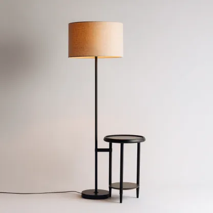 Lampada da terra metallo tessuto 40x40x160 cm - nero - beige - design con tavolino per soggiorno-Comfyoliq
