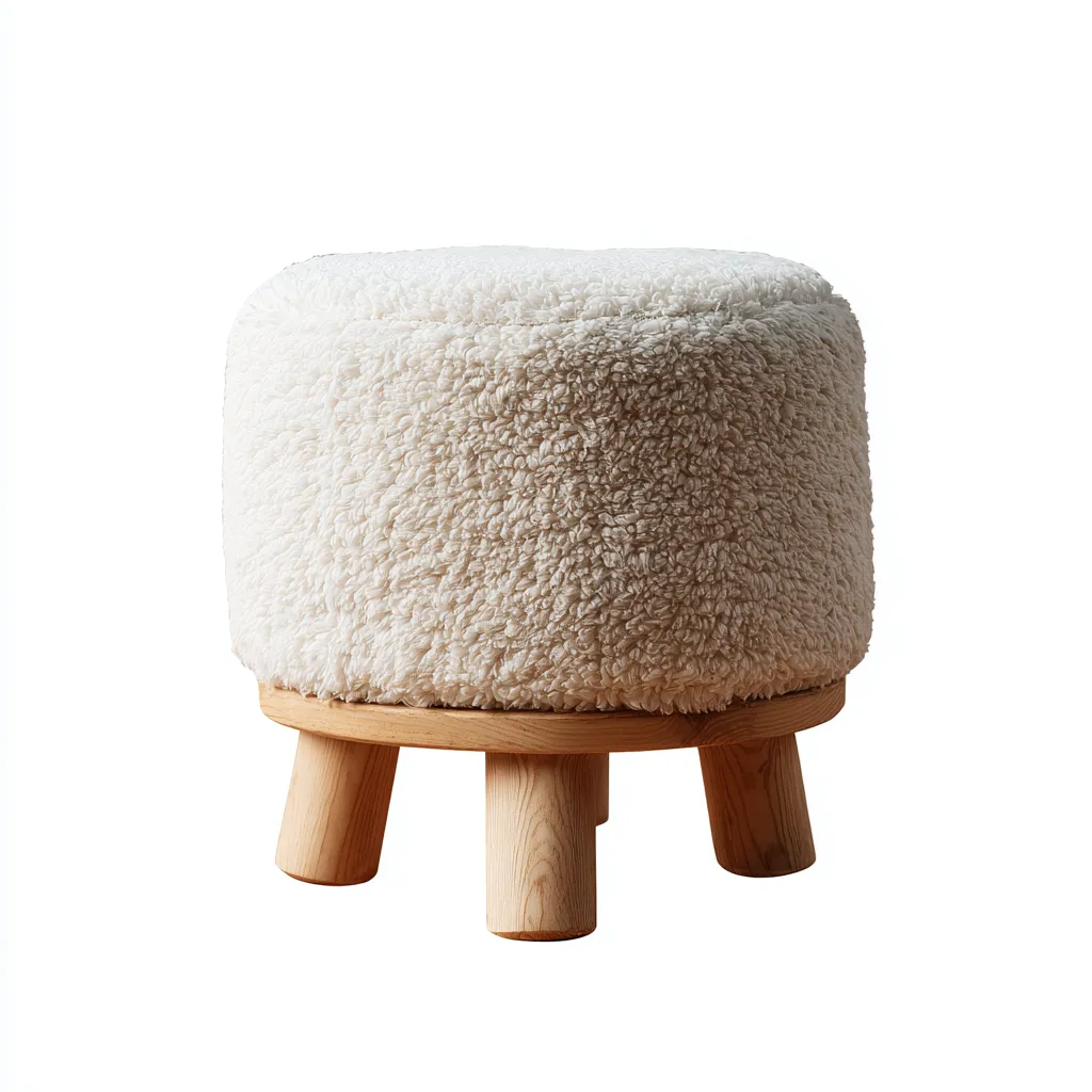 Pouf - legno - tessuto peloso - 35x35x40 cm - bianco - soggiorno - design scandinavo-Comfyoliq