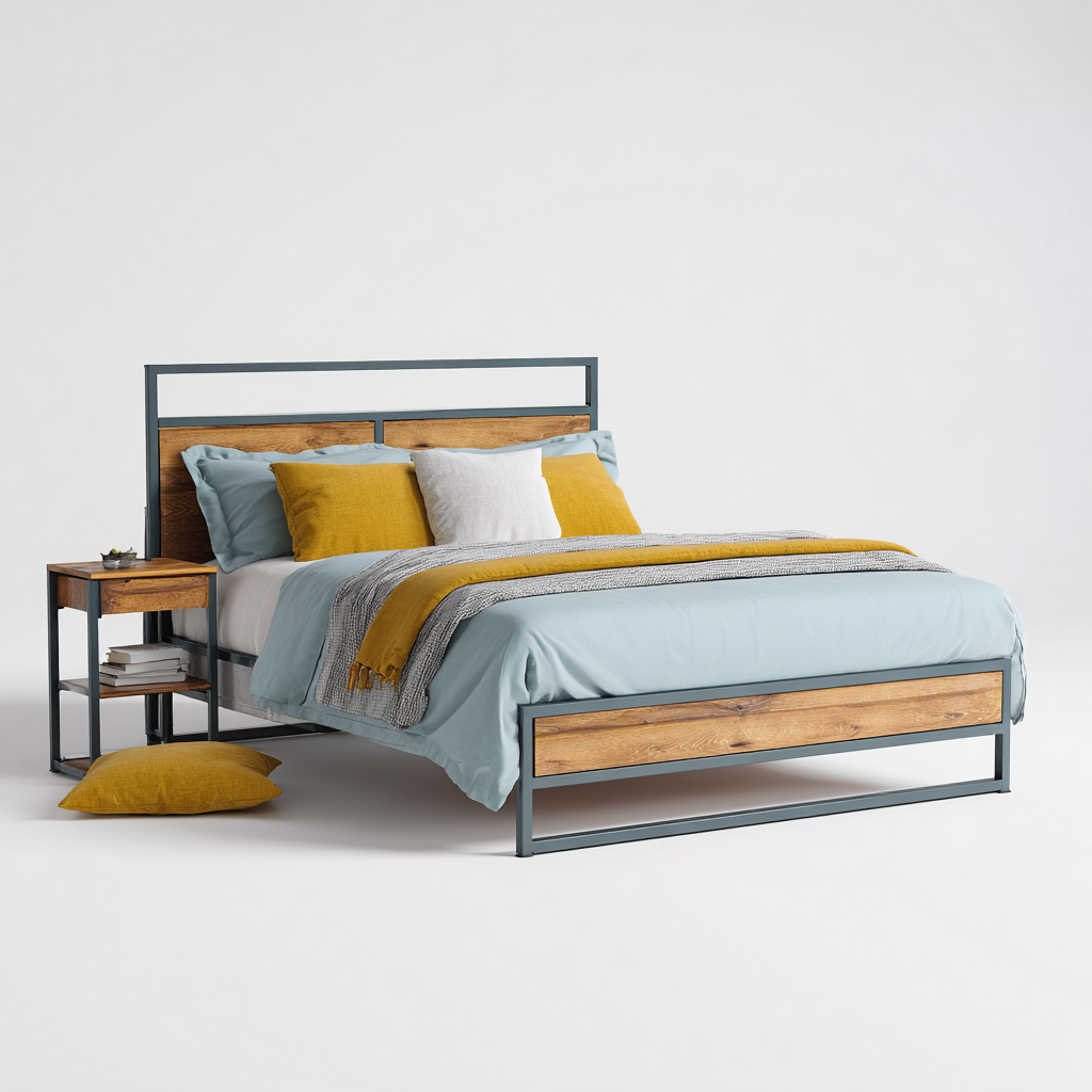 Letto matrimoniale - metallo e legno 200x180x95 cm - grigio scuro - legno naturale - adatto per camera da letto - design industriale-Comfyoliq