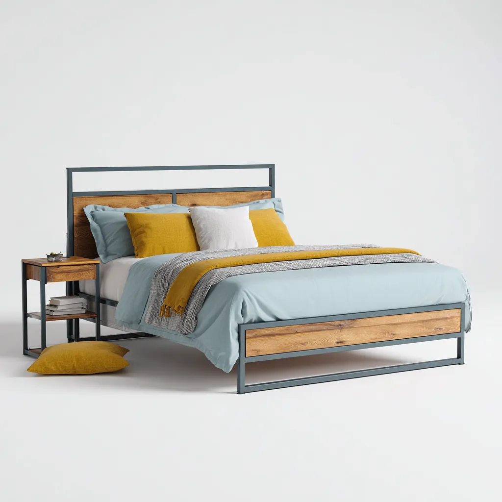 Letto matrimoniale - metallo e legno 200x180x95 cm - grigio scuro - legno naturale - adatto per camera da letto - design industriale-Comfyoliq