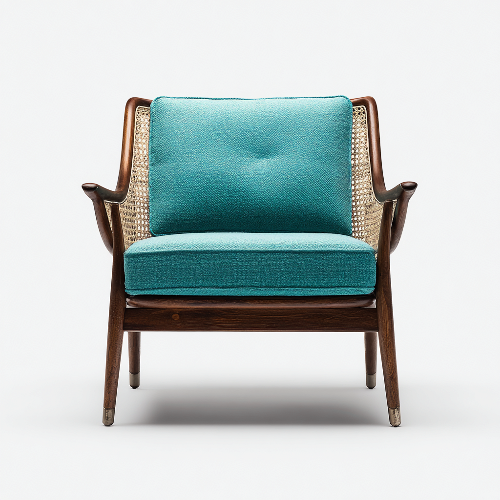 Poltrona in tessuto e legno con schienale in rattan 78x75x82 cm - turchese - marrone - stile vintage - adatta per soggiorno-Comfyoliq