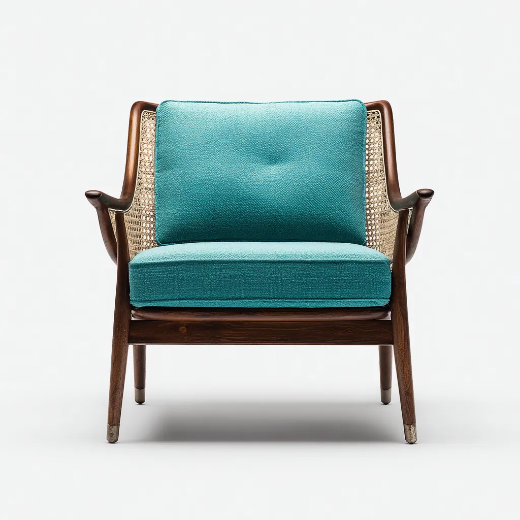 Poltrona in tessuto e legno con schienale in rattan 78x75x82 cm - turchese - marrone - stile vintage - adatta per soggiorno-Comfyoliq