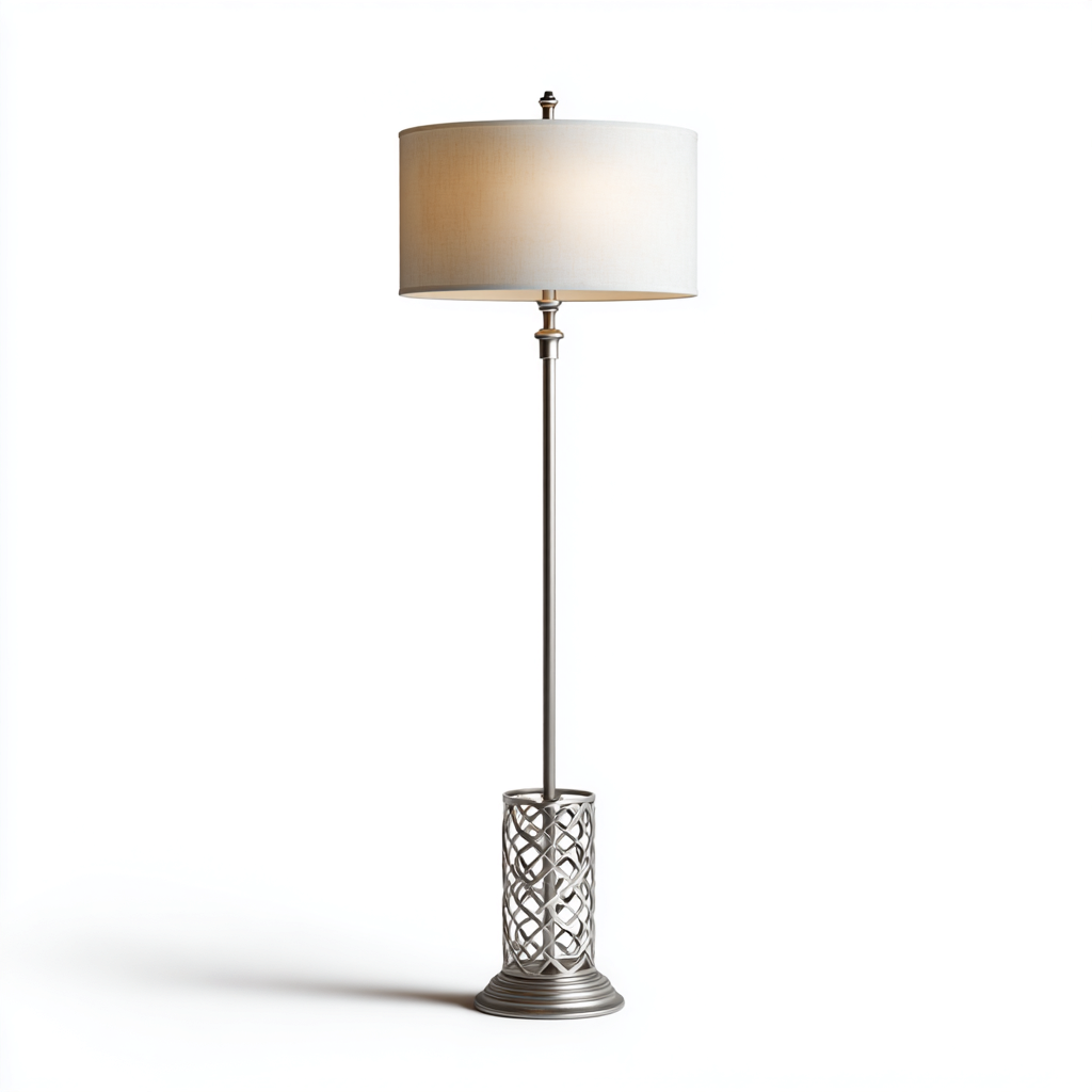 Lampada da terra metallo tessuto 38x38x165 cm - argento - beige - design classico per soggiorno-Comfyoliq
